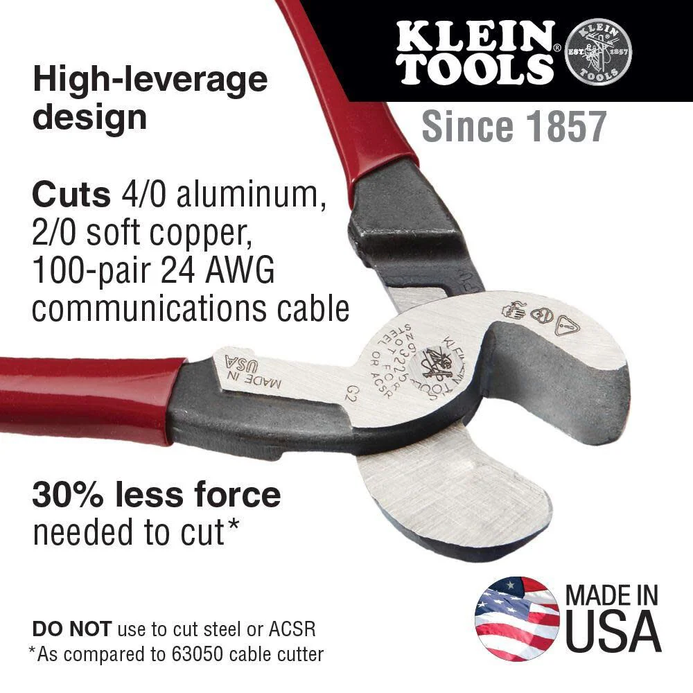 Klein Tools 63225 Cable Cutter, 9-Inch High Leverage Cutter for Aluminum, Copper and Communication Cable - Image 2