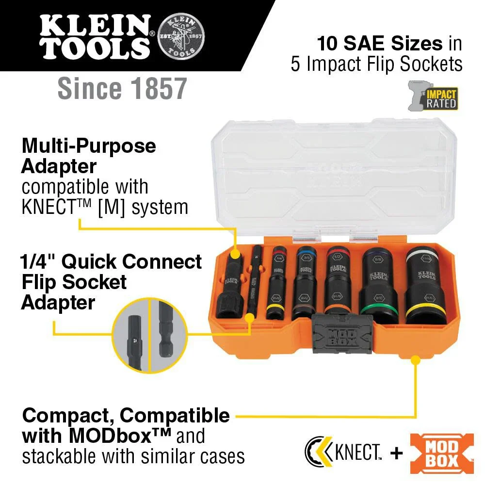 Klein Tools 65618 KNECT Flip-10 SAE Impact Socket Set, Deep Sockets with 5 Color-Coded Flip Sockets, 10 SAE Socket Sizes, 1/4 and 3/8-Inch Adapters and MODbox Case - Image 3