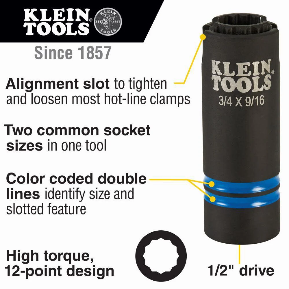 Klein Tools 66031 3-in-1 Slotted Impact Socket, 12-Point Deep Sockets, Coaxial Spring Loaded, 3/4 and 9/16-Inch Hex Sizes, 1/2-Inch Drive - Image 2