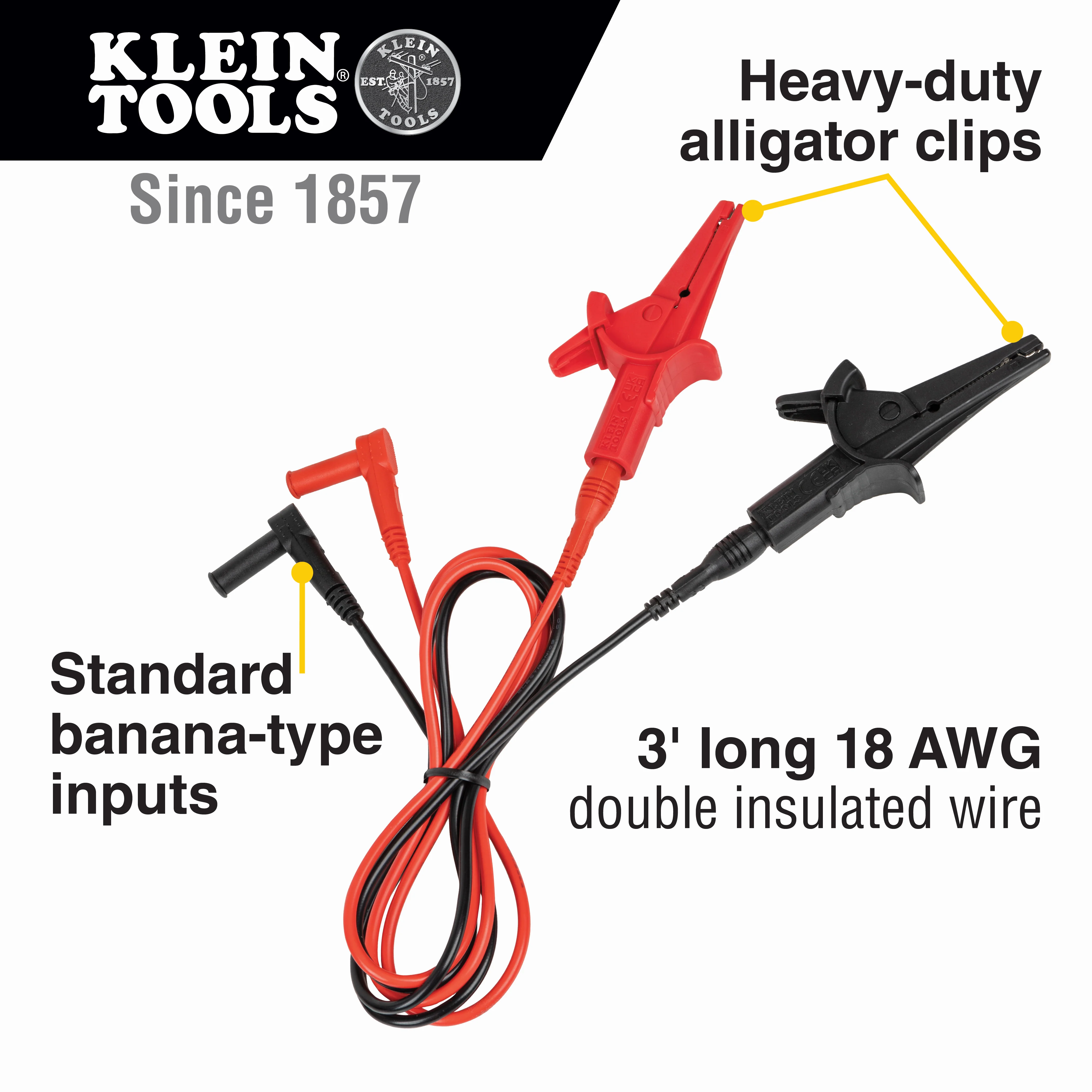 Klein Tools 69381 Alligator Clip Test Leads, Heavy-Duty Replacement Meter Leads, for All Meters Using Banana Plug Meter Leads, 3-Foot - Image 2