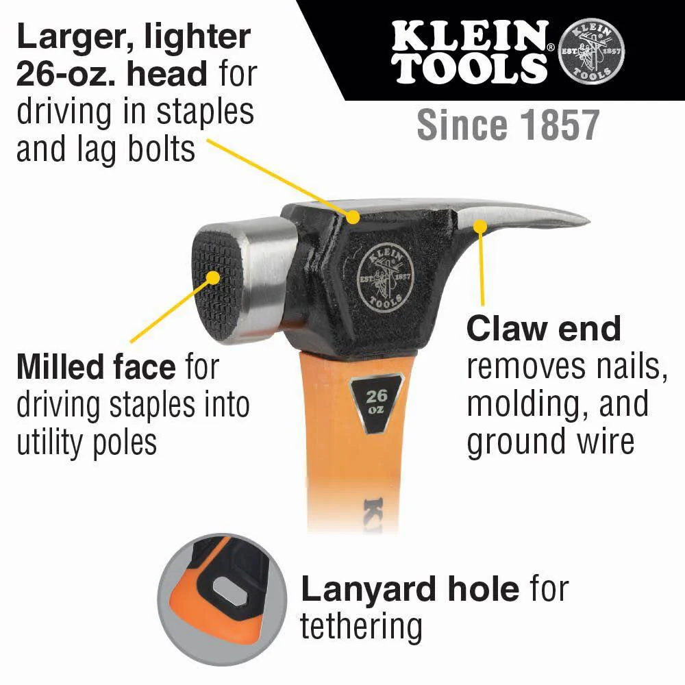 Klein Tools 832-26 Lineman's 26-Ounce Claw Milled Hammer, Fiberglass Handle, Heavy Duty for Utility Poles, Milled Face, High Visibility Orange - Image 2