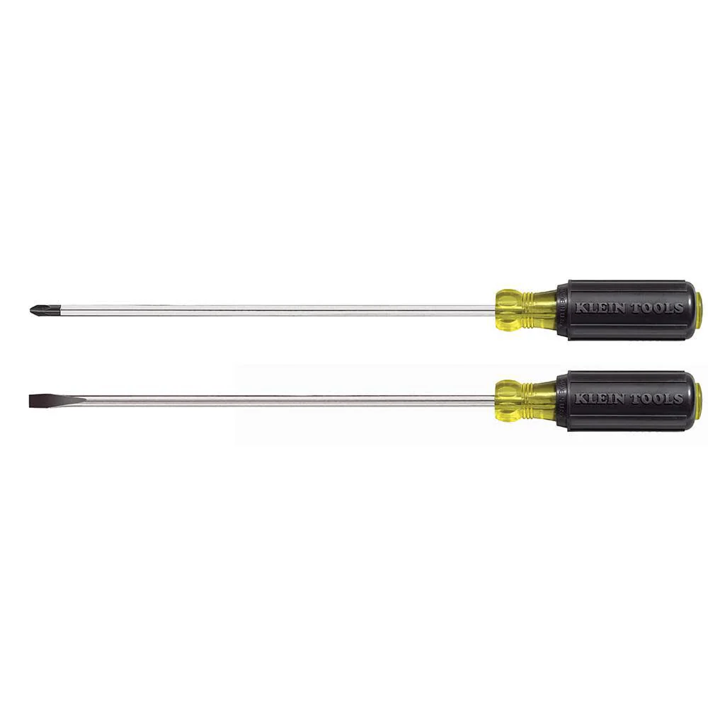 Klein Tools 85072 Long Blade Slotted and Phillips Screwdriver Set with Heat Treated Shafts and Cushioned Grips, Made in USA, 2-Piece