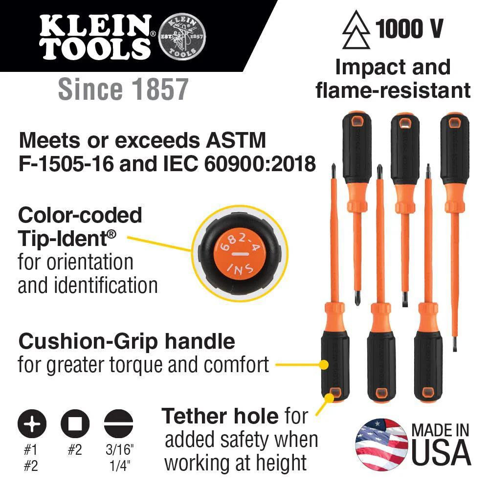 Klein Tools 85076INS Insulated Screwdriver Set features 1000V Screwdrivers, (3) Phillips and (2) Slotted and Square Tips, 6-Piece - Image 2