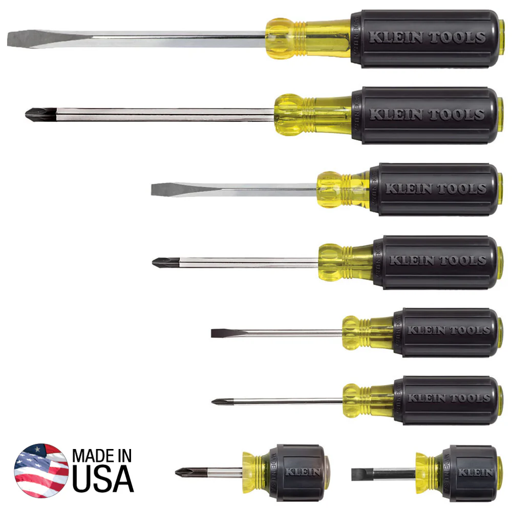 Klein Tools 85078 Screwdriver Set, 4 Phillips, 4 Flat Head Tips, Non-Slip Cushion Grip, Made in USA, All-Purpose Screwdriver Kit, 8-piece
