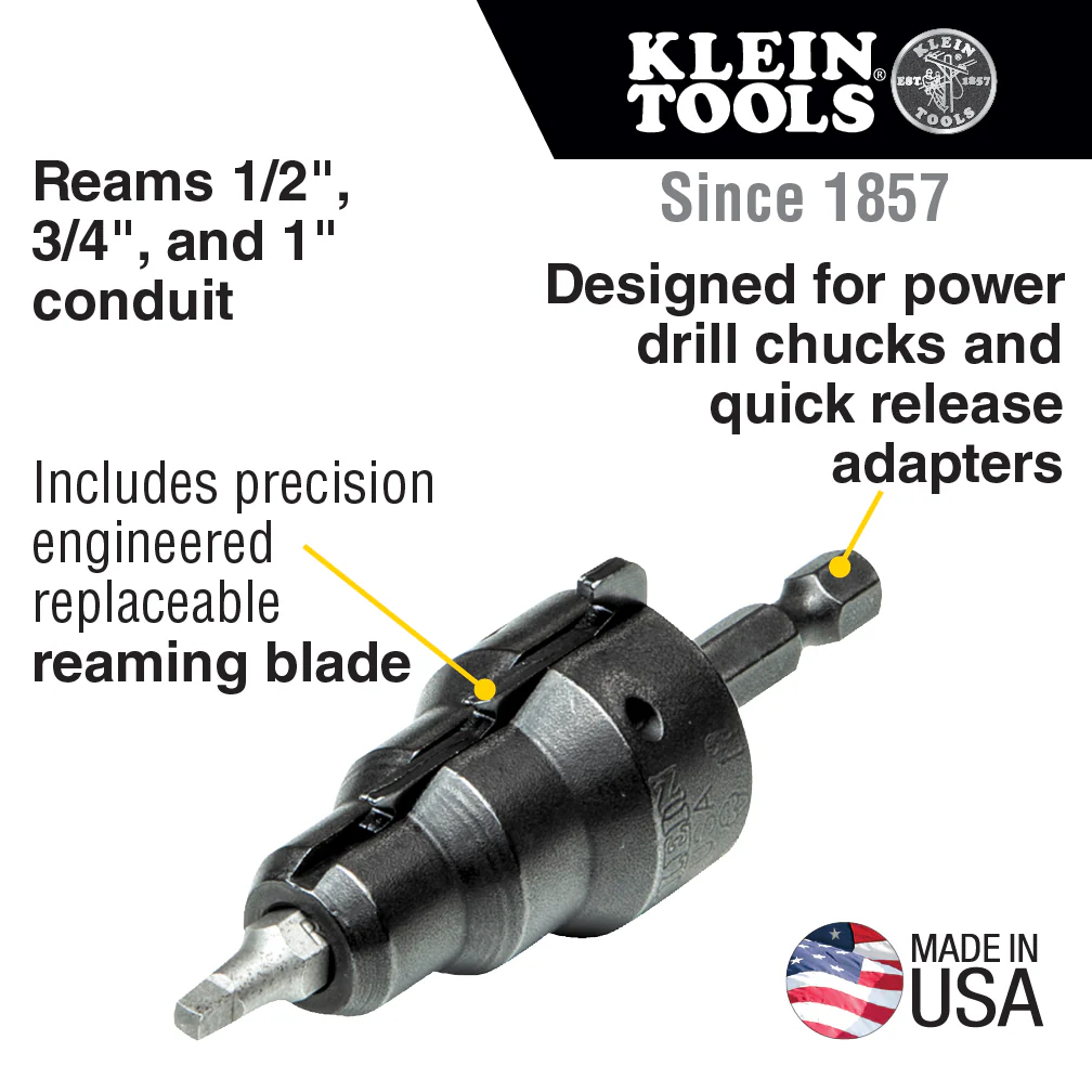 Klein Tools 85091 Power Conduit Reamer with Improved Bit Retention, 1/2-, 3/4- and 1-Inch, Made in USA - Image 2