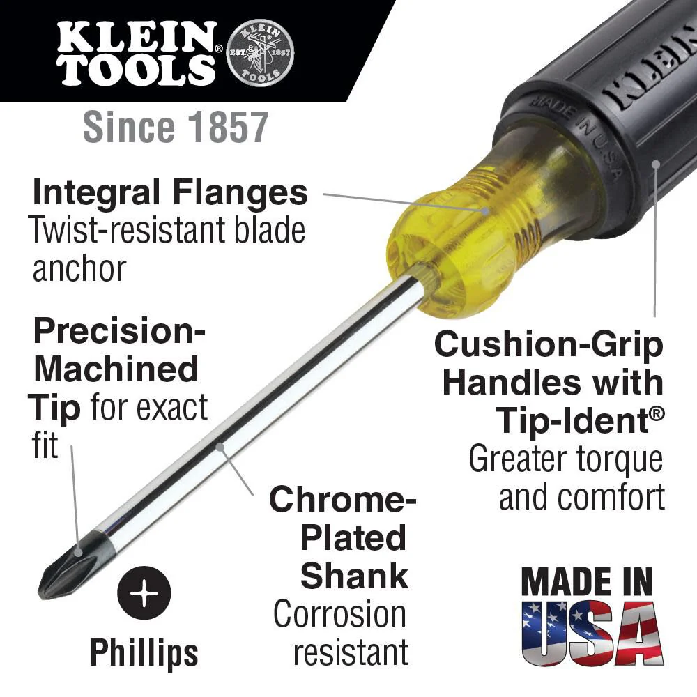 Klein Tools 85442 Screwdriver 2-Piece Set, Made in USA, 1/4 Keystone and #2 Phillips, Cushion Grip, Round and Square Shank, Heat Treated, Meets or Exceeds ASME/ANSI - Image 3