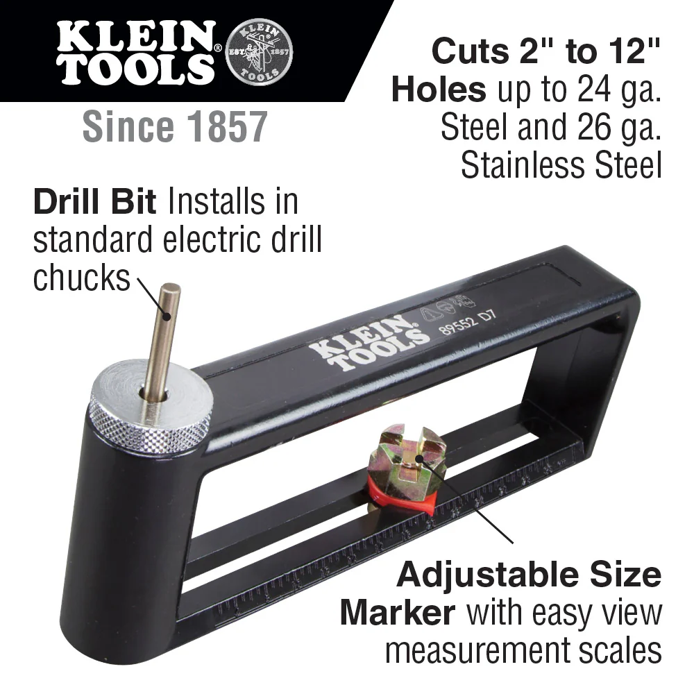 Klein Tools 89552 Hole Cutter, Adjustable Cutter from 2 to 12 Inch, Cuts 24 gauge Steel and 26 gauge Stainless - Image 2