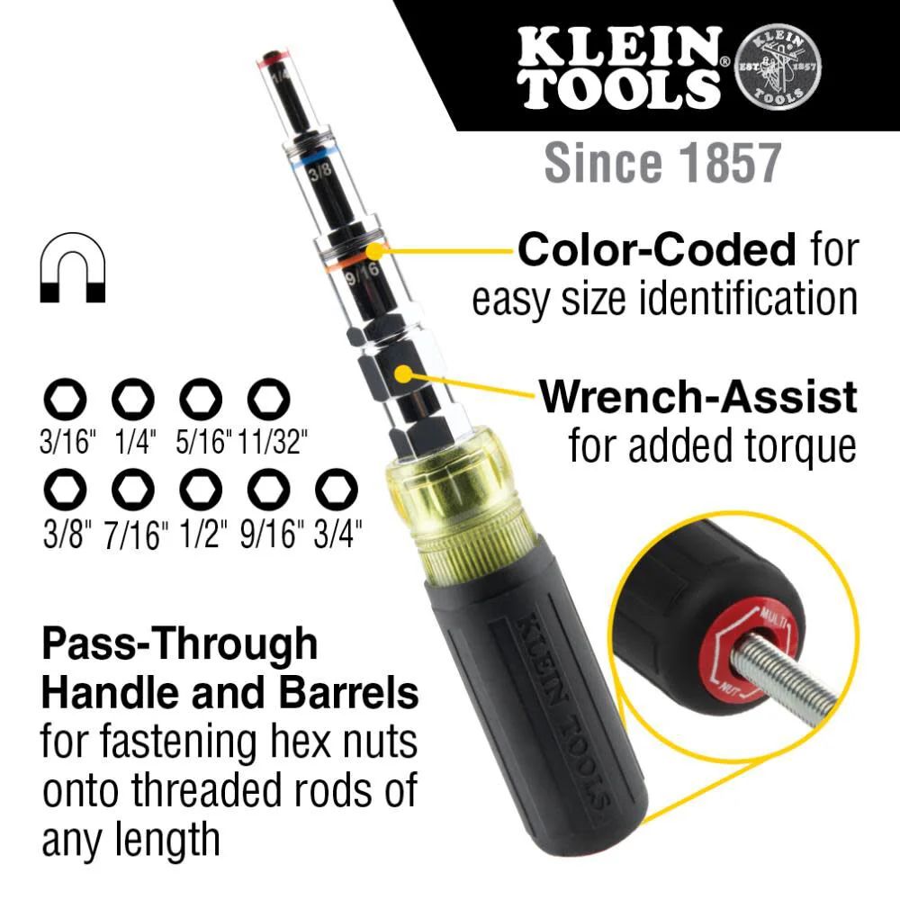 Klein Tools 32809MAG 9-in-1 Pass Through SAE Multi-Nut Driver, Magnetic - Image 2