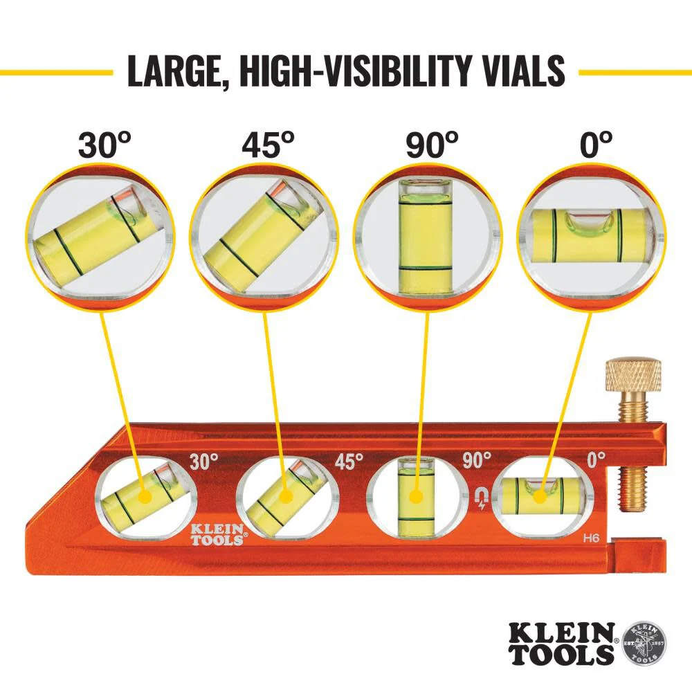 Klein Tools 935AB4V Level, 6-Inch Magnetic Torpedo and Conduit Level with 0/30/45/90 Degree Vials, V-Groove and Magnet Track, High Visibility Orange - Image 4