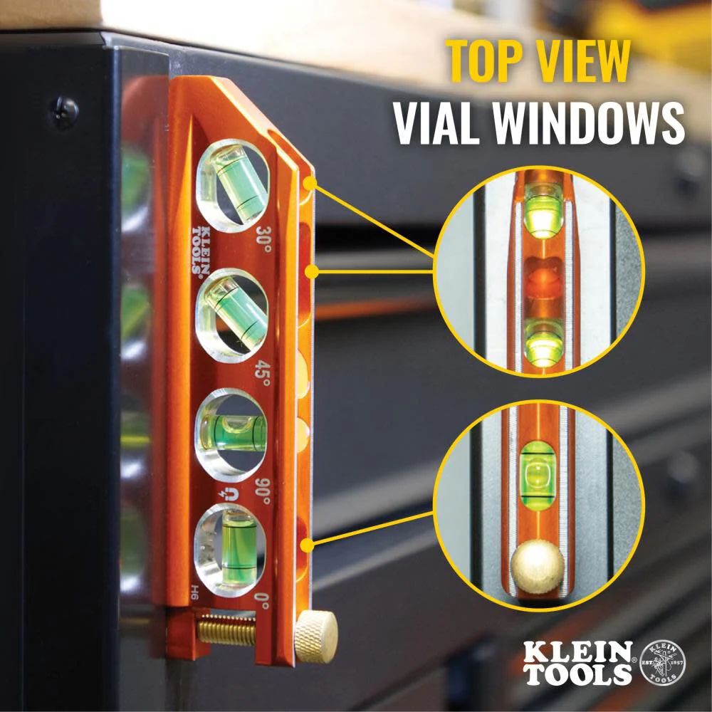Klein Tools 935AB4V Level, 6-Inch Magnetic Torpedo and Conduit Level with 0/30/45/90 Degree Vials, V-Groove and Magnet Track, High Visibility Orange - Image 5