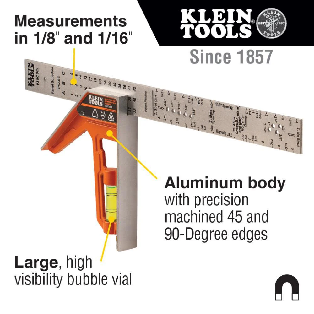 Klein Tools 935CSEL Combination Square Ruler for Electricians and Carpenters, Stainless Steel Double Sided Ruler, Bubble Level, Magnetic - Image 2
