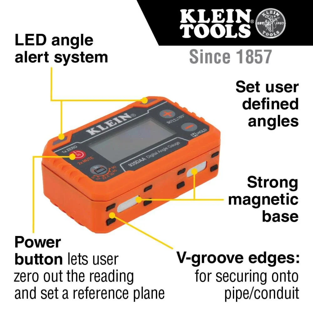 Klein Tools 935DAA Digital Electronic Level and Angle Gauge, LED Angle Alert, Measure and Set Angles, 0-90 and 0-180 Degree Ranges - Image 2