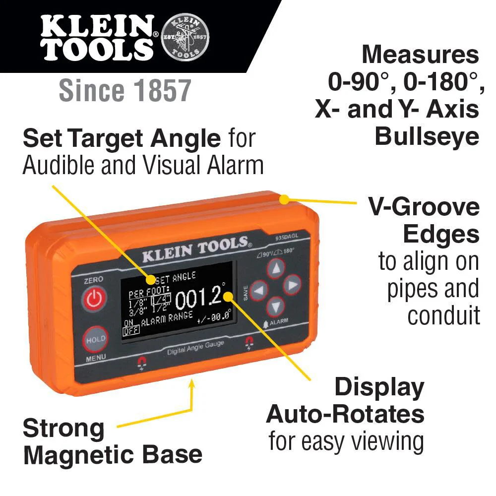 Klein Tools 935DAGL Digital Level Angle Finder with Programmable Angles, Measures 0 - 90 and 0 - 180 Degree or Dual Axis Bullseye Ranges - Image 3