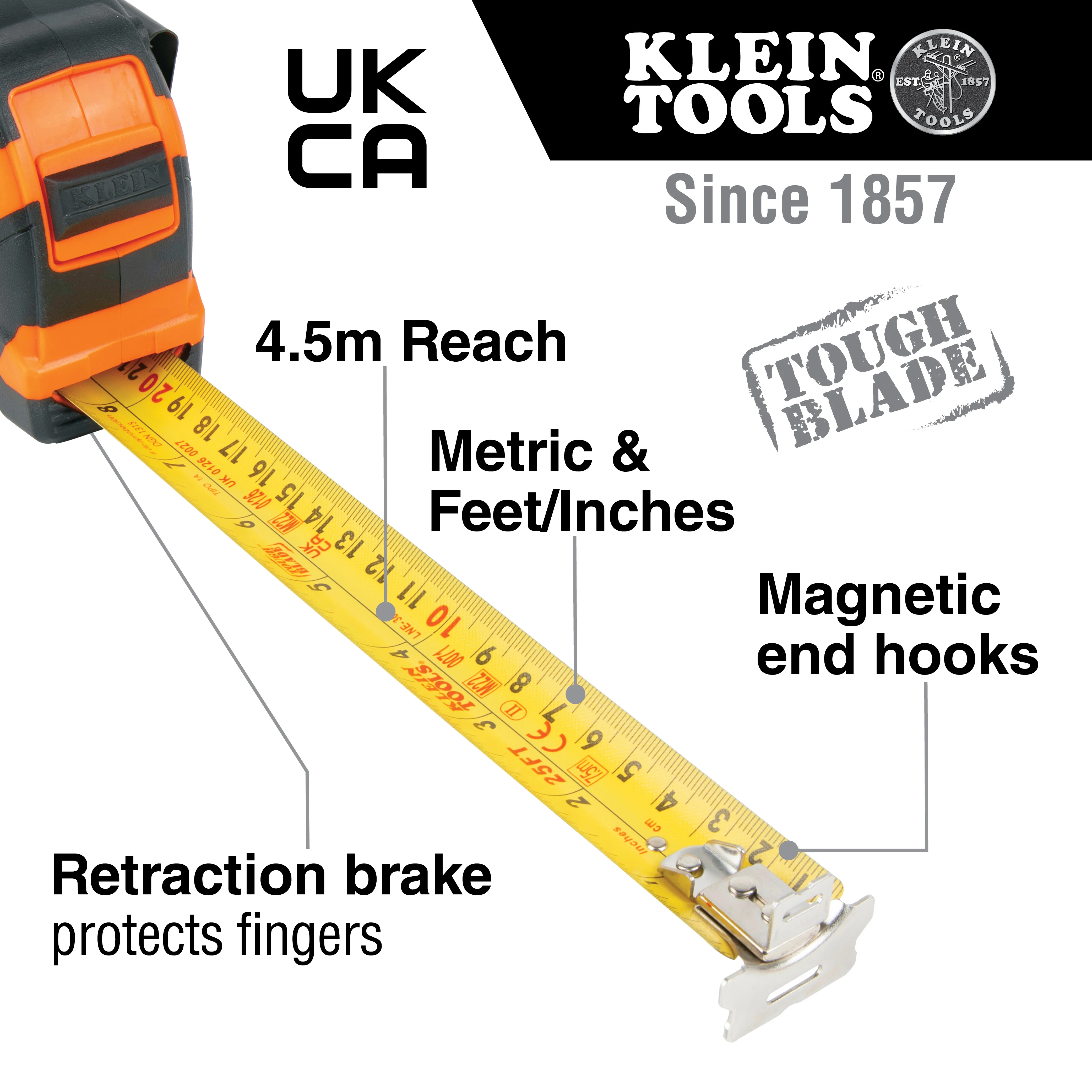 Klein Tools 9375 Tape Measure, Heavy-Duty Measuring Tape with 7.5 m Metric Double-Hook Double-Sided Nylon Reinforced Blade, Metal Belt Clip - Image 2