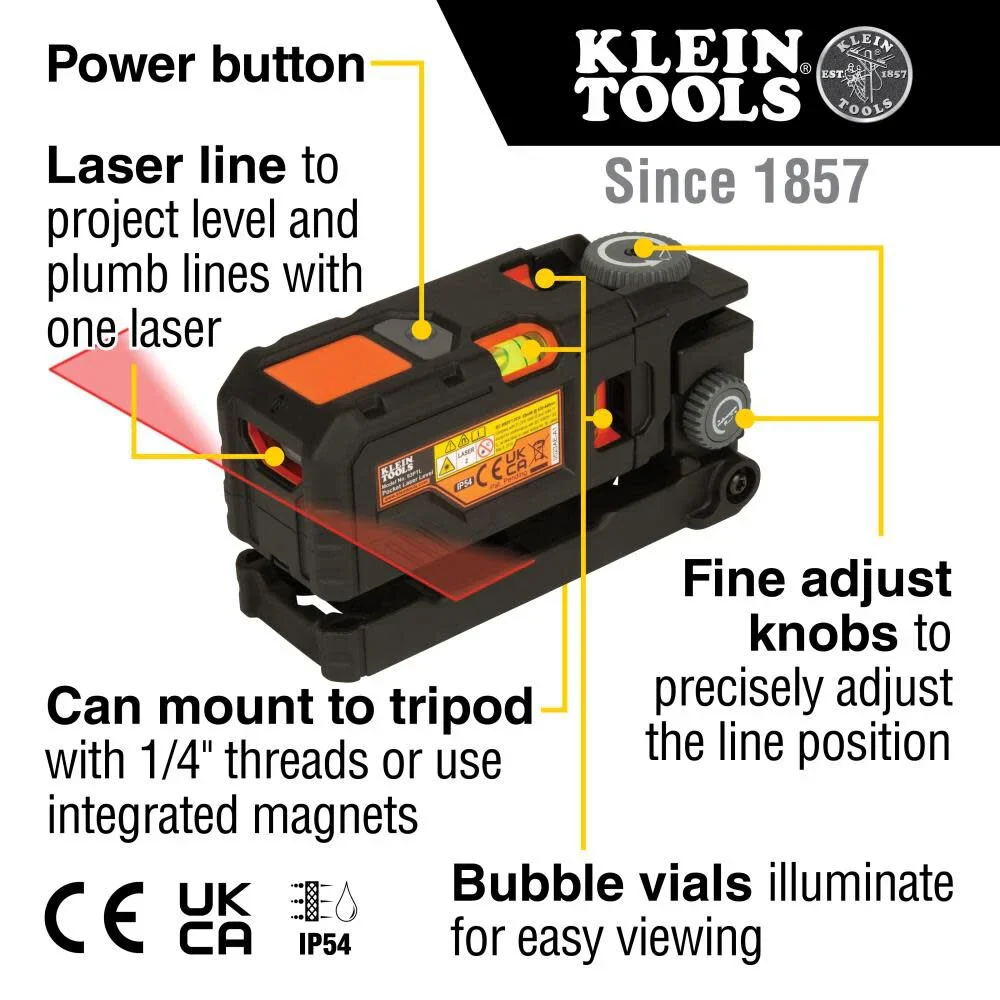 Klein Tools 93PTL Magnetic Pocket Laser Level, Bright Red Leveling and Alignment Tool, 3 Bubble Vials, 360-Degree Wall Attachment - Image 2