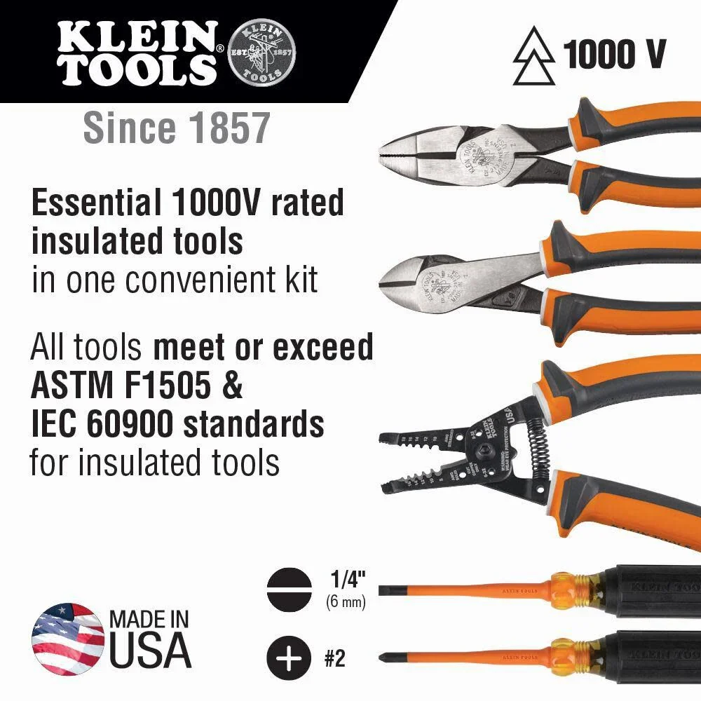Klein Tools 94130 1000V Insulated Screwdriver Tool Set with #2 Phillips and 1/4-Inch Cabinet Slim Tips, 2 Insulated Pliers and Wire Stripper - Image 2