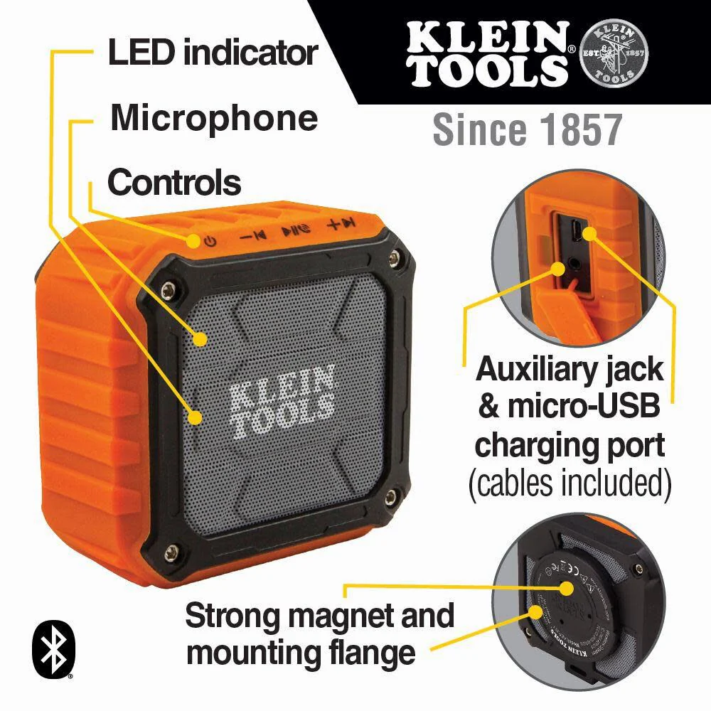Klein Tools AEPJS1 Bluetooth Speaker, Wireless Portable Jobsite Speaker Plays Audio and Answers Calls Hands Free, IPX5, Worksite Ready - Image 2