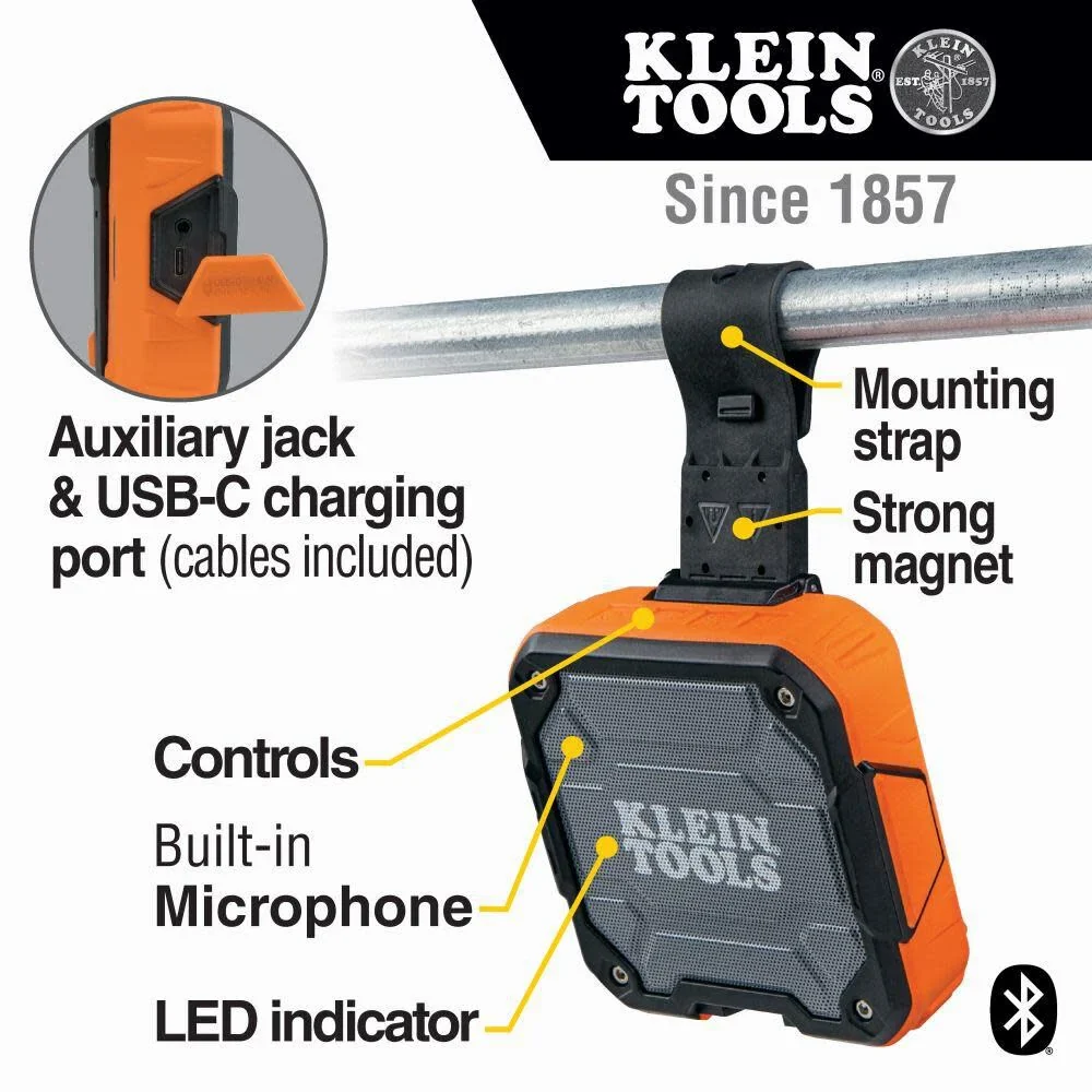 Klein Tools AEPJS2 Bluetooth Speaker With Magnetic Strip and Hook, Rechargeable, Wireless and Aux Capable, Hands Free Capable, Smart Phone Charging, 10 Hr Run Time, IP54 Dust and Water Resistant - Image 2