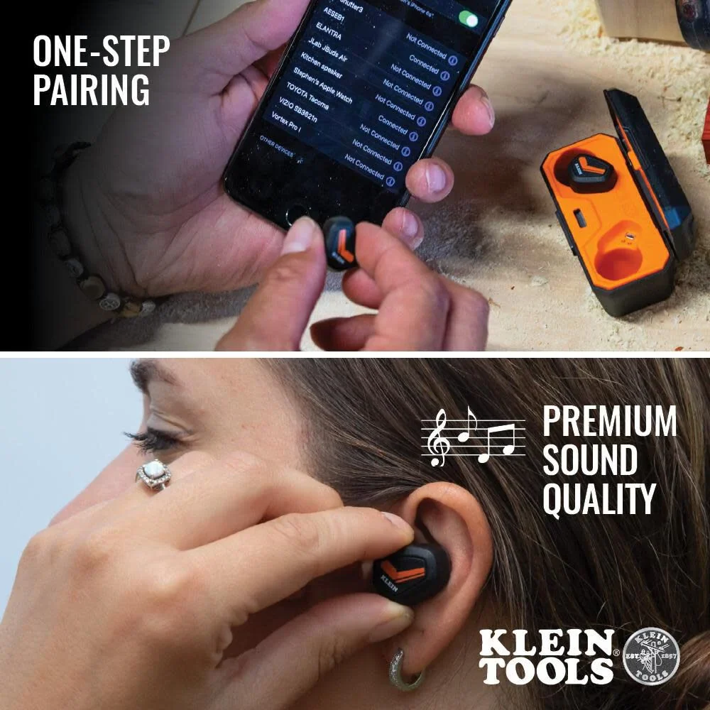 Klein Tools AESEB1 Bluetooth Jobsite Earbuds, Wireless Hearing Protection Earplugs with 28dB Noise Reduction Rating, 15-Hour Playtime - Image 4