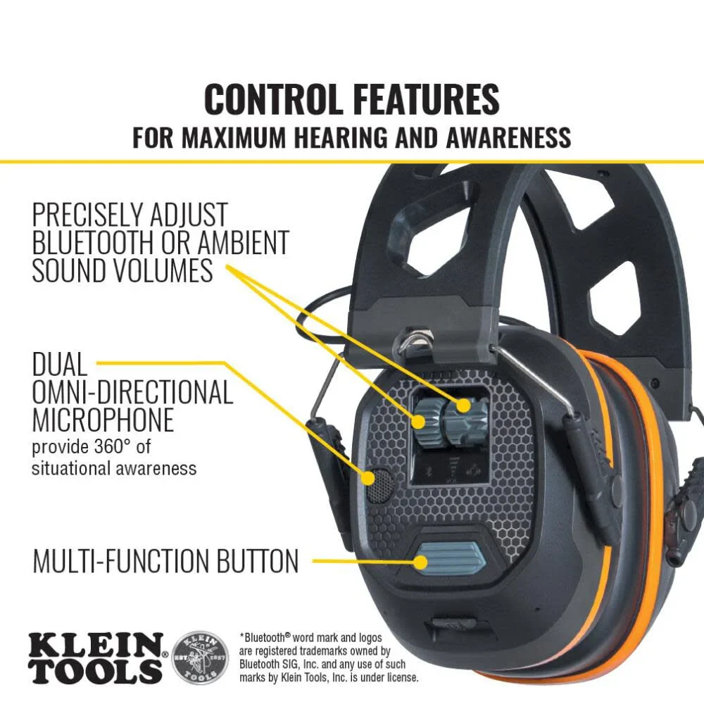 Klein Tools AESEM1S Smart Sense Electronic Hearing Protection Safety Earmuff with Bluetooth & Situational Awareness, NRR 23dB, 25hr Runtime - Image 3