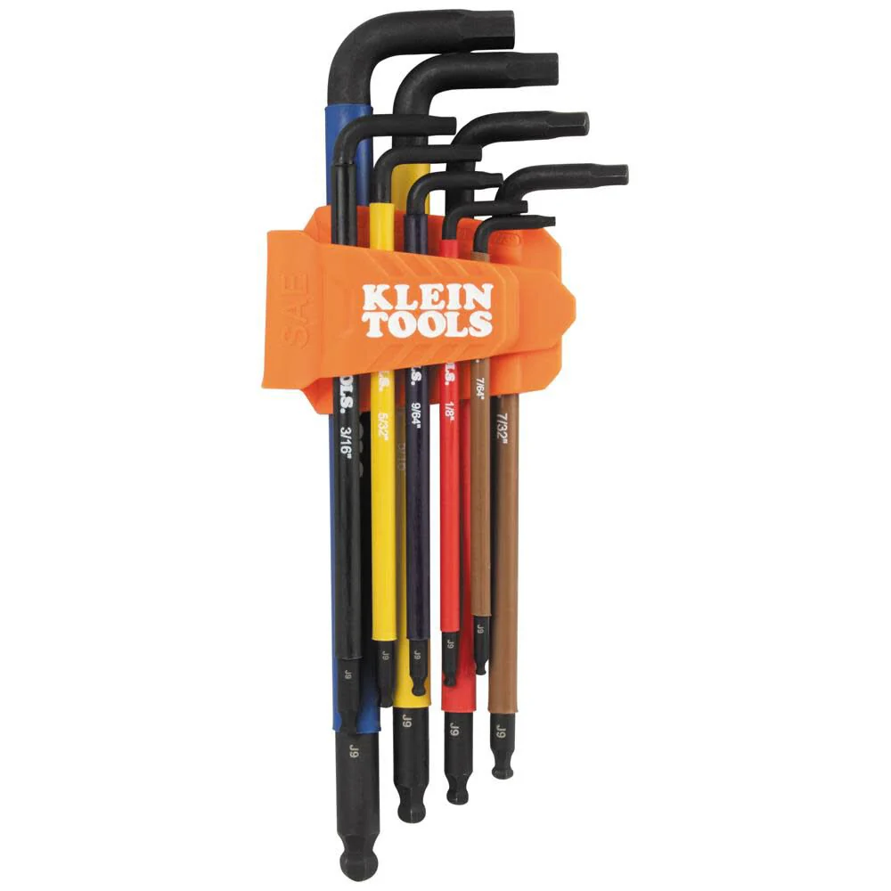 Klein Tools BLS9 9-Piece Extra-Long Hex Key Set, SAE Color-Coded L Style Ball-End Keys with Caddy, Heat-Treated, Sizes 7/64-Inch to 3/8-Inch - Image 2