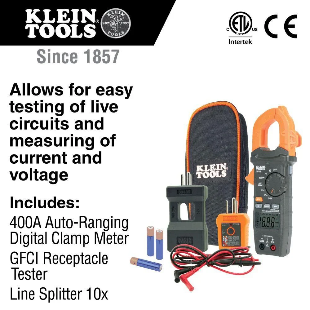 Klein Tools CL120KIT Clamp Meter Electrical Test Kit, AC Auto Ranging 400 Amp, Backlit Display, Includes GFCI Tester-Line Splitter-Pouch-Leads-3 x AAA - Image 2