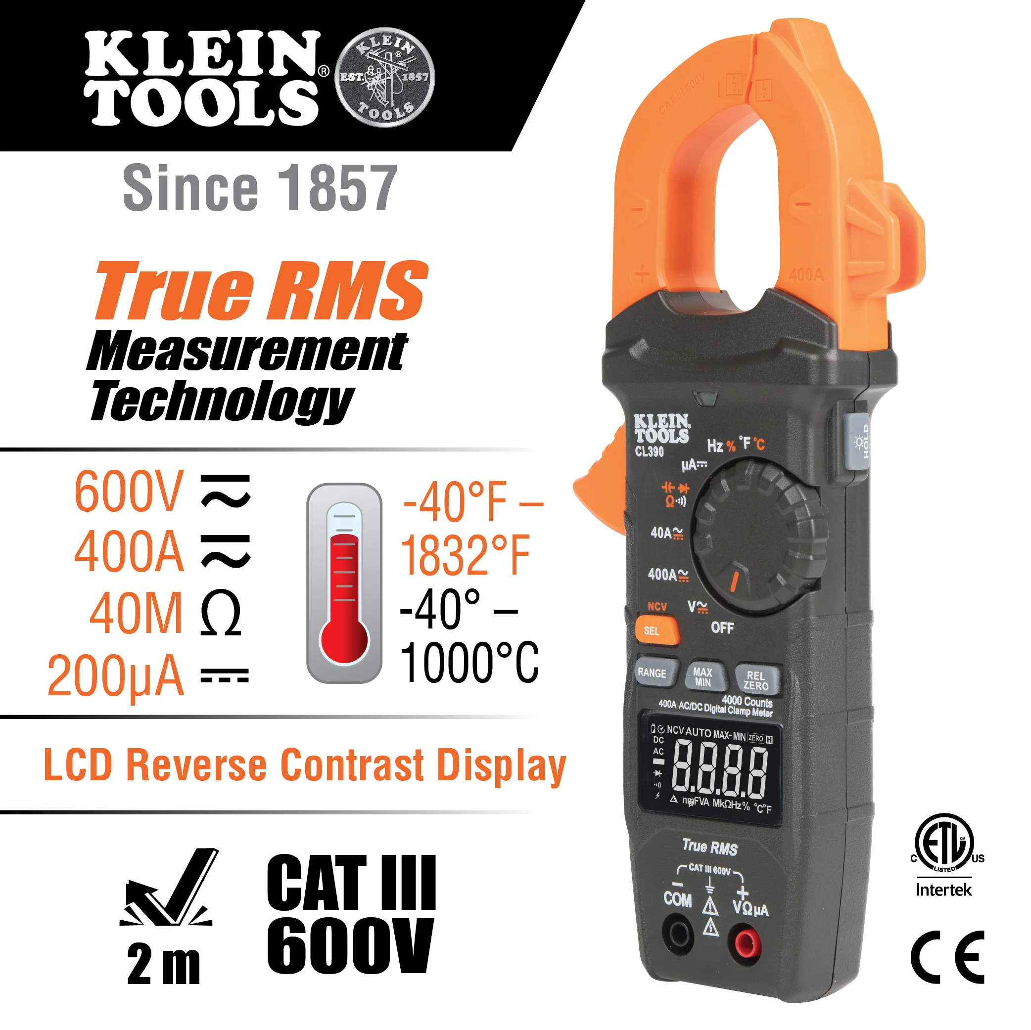Klein Tools CL390 AC/DC Digital Clamp Meter, Auto-Ranging 400 Amp - Image 2