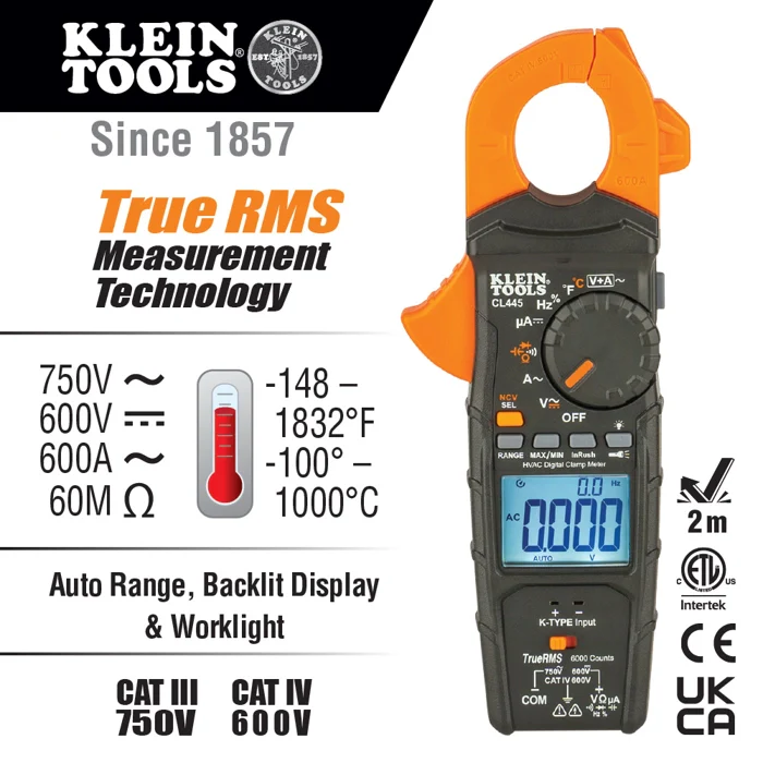 Klein Tools CL445 HVAC Clamp Meter, Auto-Ranging TRMS, NCVT, Measures Voltage, Current, Temperature, Micro Amps, InRush and More - Image 3