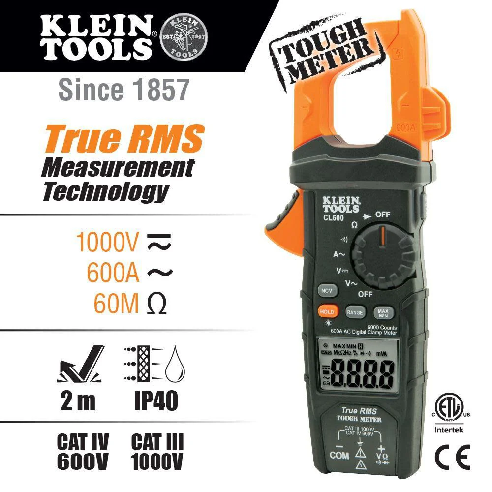Klein Tools CL600 Electrical Tester, Digital Clamp Meter has Auto Range TRMS, Measures AC Current, AC/DC Volts, Resistance, NCVT, More, 1000V - Image 2