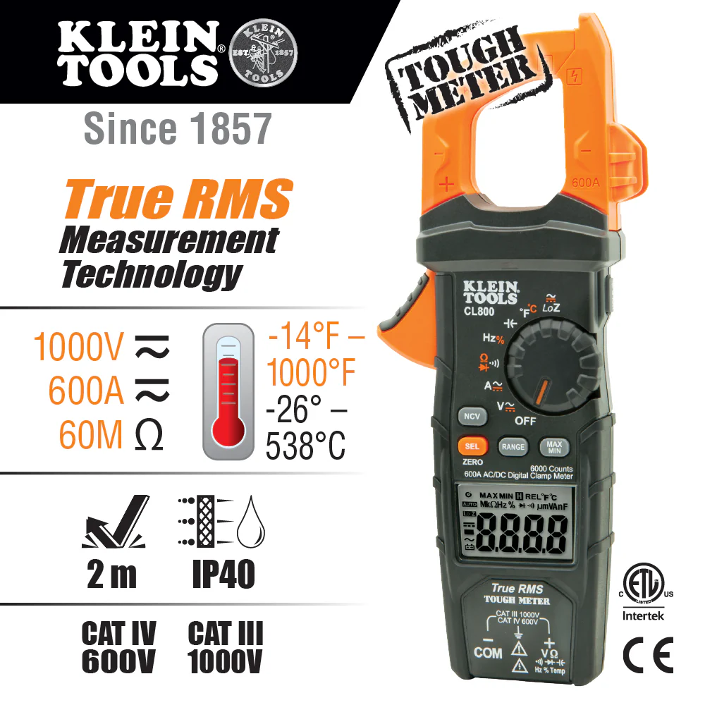 Klein Tools CL800 Digital Clamp Meter, Auto Ranging TRMS, AC/DC Volt/Current, LoZ, Continuity, Frequency, Capacitance, NCVT, Temp, More 1000V - Image 2