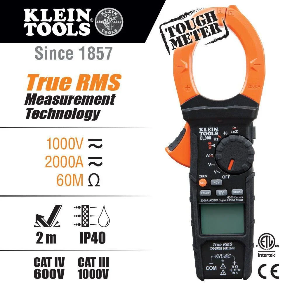 Klein Tools CL900 Digital Clamp Meter, Auto Ranging TRMS, AC/DC Voltage/Current, 2000A, LoZ , Continuity, Frequency, NCVT, Temp, More, 1000V - Image 3