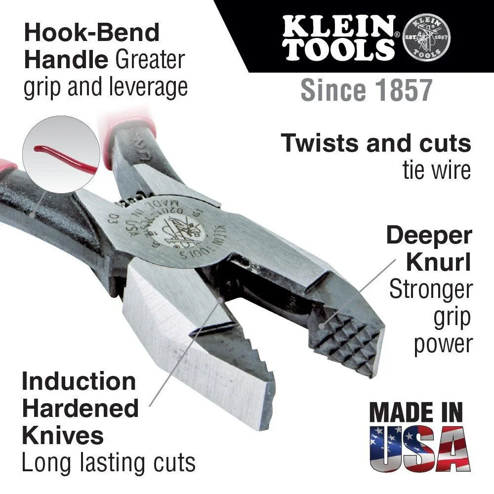 Klein Tools D201-7CSTA Linesman Pliers, Side Cutters with Spring Loaded Action, Ironworker Pliers have Aggressive Knurl and Tempered Handles - Image 2