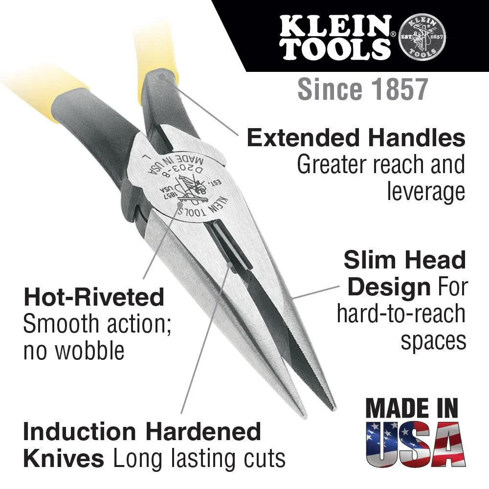Klein Tools D203-8 Needle Nose Pliers, Long Nose Side Cutters, Alligator Pliers with Extended Handles, 8-Inch - Image 2