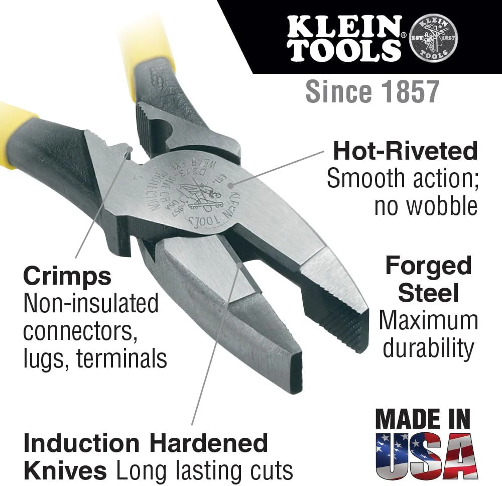 Klein Tools D213-9NE-CR Lineman's Crimping Pliers, Made in USA, Streamlined High-Leverage Design Made of Induction Hardened Steel, 9-Inch - Image 2