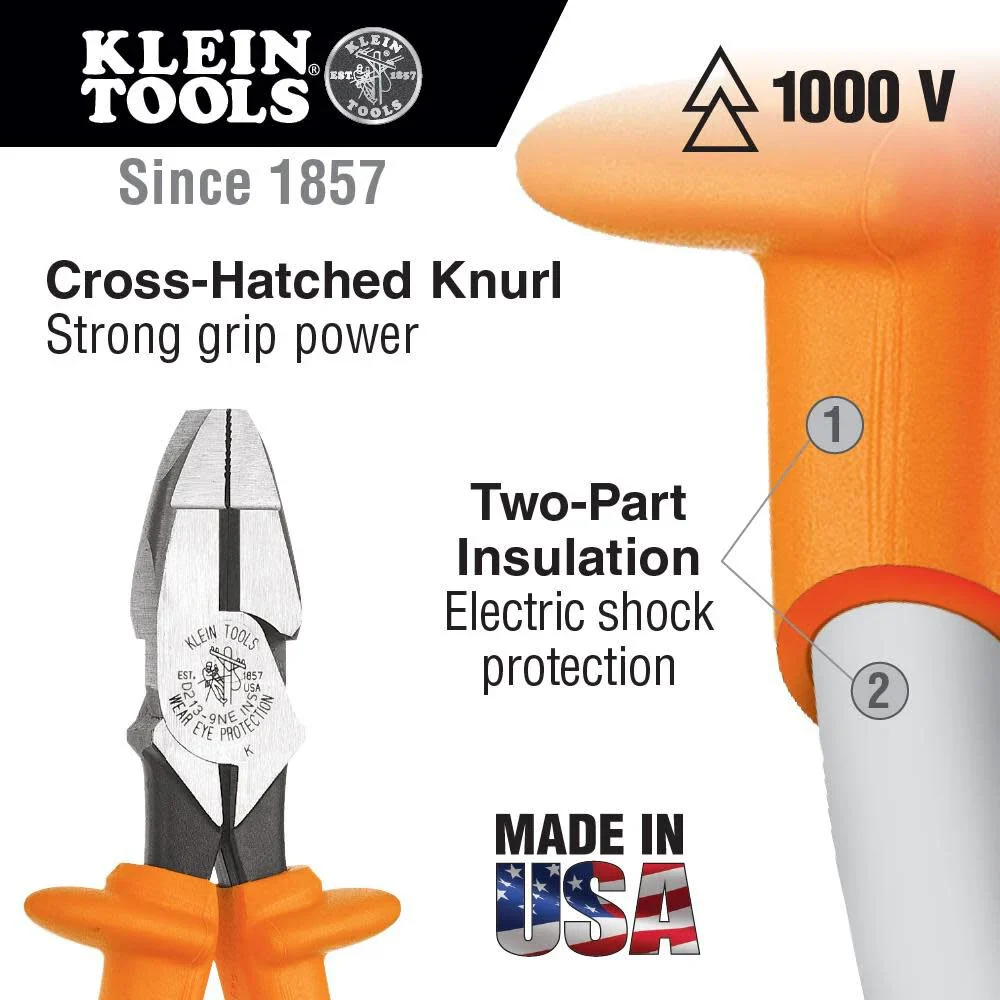 Klein Tools D213-9NE-CR Lineman's Crimping Pliers, Made in USA, Streamlined High-Leverage Design Made of Induction Hardened Steel, 9-Inch - Image 2