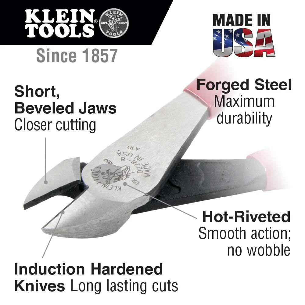 Klein Tools D228-8 Pliers, Made in USA, Diagonal Cutting Pliers with Short Jaw and Beveled Knives, High-Leverage Color-Coded Wire Cutters, 8-Inch - Image 2