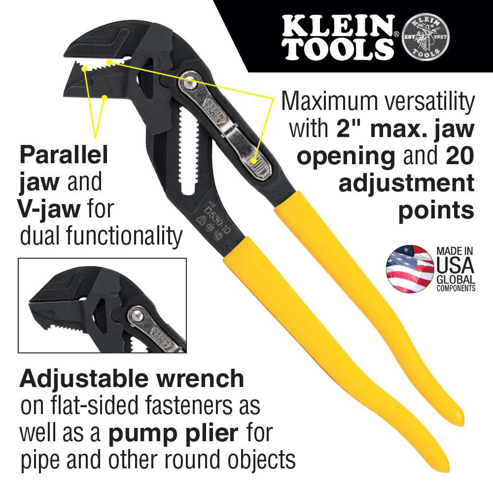 Klein Tools D53010 Plier Wrench, High Leverage Multi-Use Pump Plier with Adjustable and Reversible Double-Sided Jaw, Smooth and Knurled Teeth, 10-Inch - Image 2