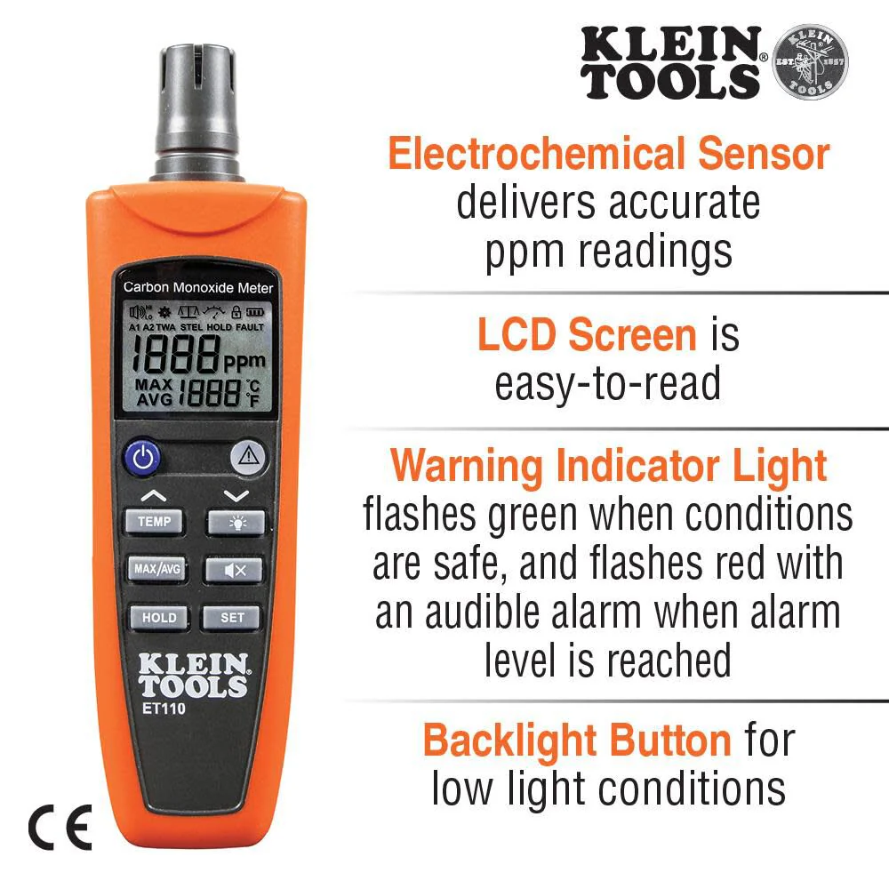Klein Tools ET110 CO Meter, Carbon Monoxide Tester and Detector with Exposure Limit Alarm, 4 x AAA Batteries and Carry Pouch Included - Image 2