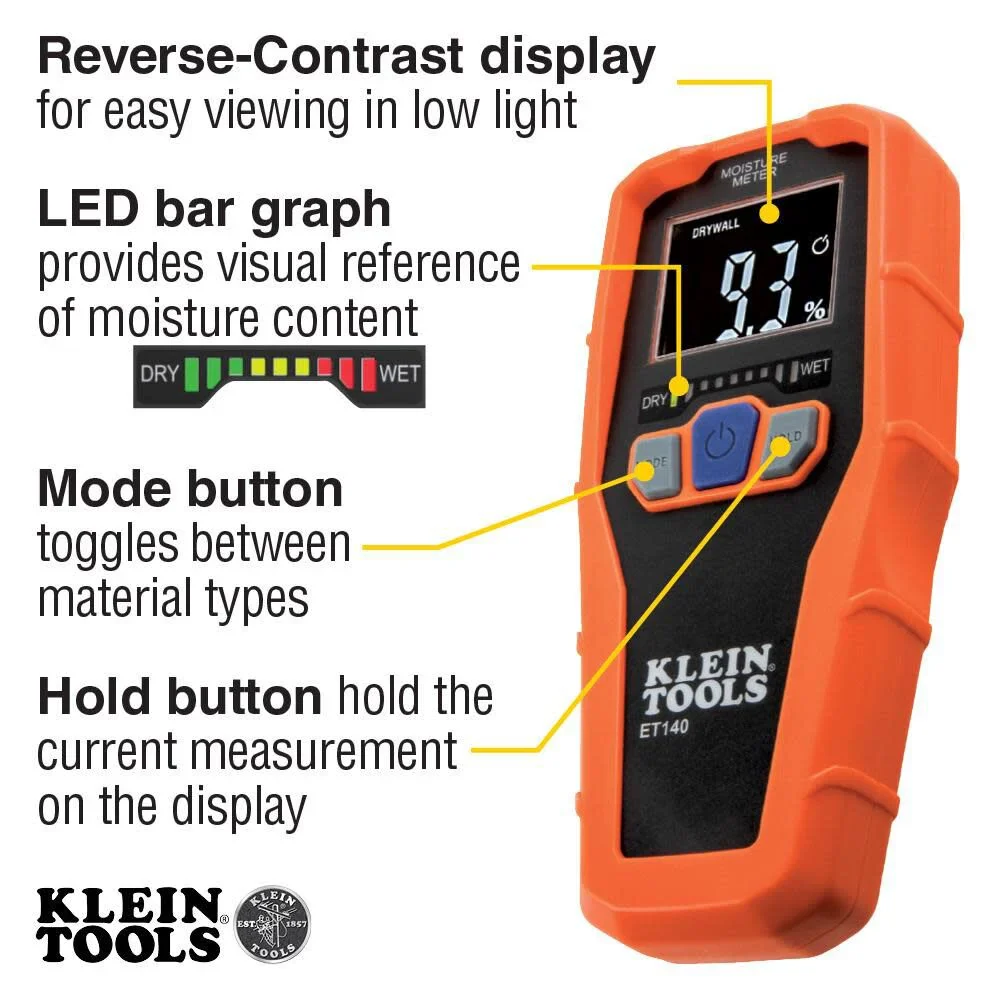 Klein Tools ET140 Pinless Moisture Meter for Non-Destructive Moisture Detection in Drywall, Wood, and Masonry; Detects up to 3/4-Inch Below Surface - Image 3