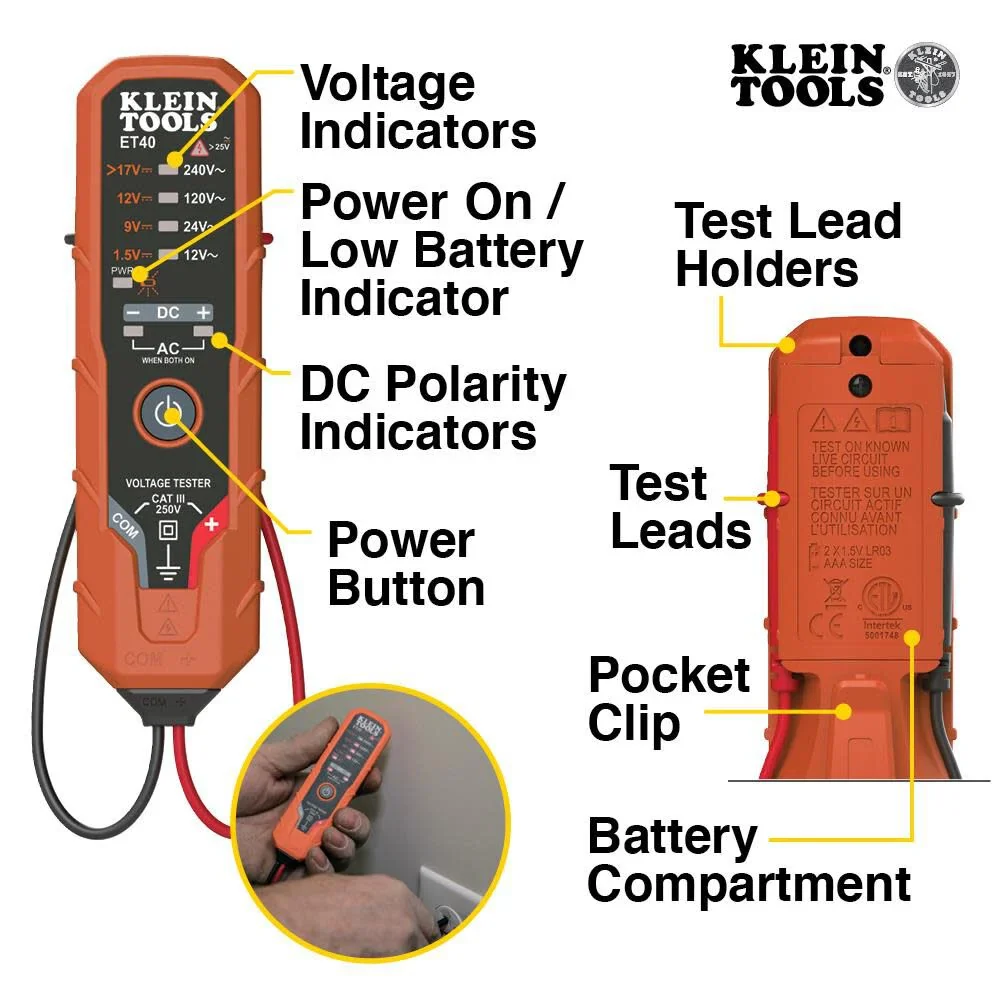 Klein Tools ET40 Digital AC/DC Voltage Tester, 12-240V AC, 1.5-24V DC, LED Illumination, DC Polarity, Auto Off, CATIII 250V-Class 2- Double Insulation, IP4 Dust and Water Resistant - Image 3
