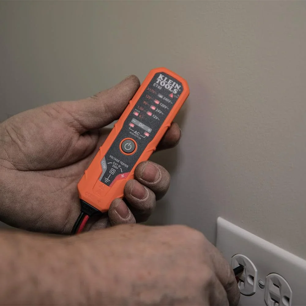 Klein Tools ET40 Digital AC/DC Voltage Tester, 12-240V AC, 1.5-24V DC, LED Illumination, DC Polarity, Auto Off, CATIII 250V-Class 2- Double Insulation, IP4 Dust and Water Resistant - Image 5