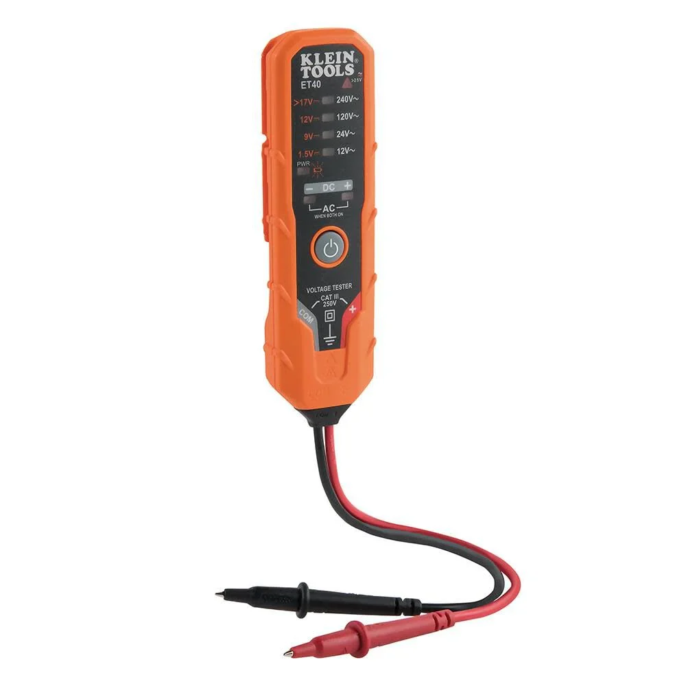 Klein Tools ET40 Digital AC/DC Voltage Tester, 12-240V AC, 1.5-24V DC, LED Illumination, DC Polarity, Auto Off, CATIII 250V-Class 2- Double Insulation, IP4 Dust and Water Resistant - Image 7