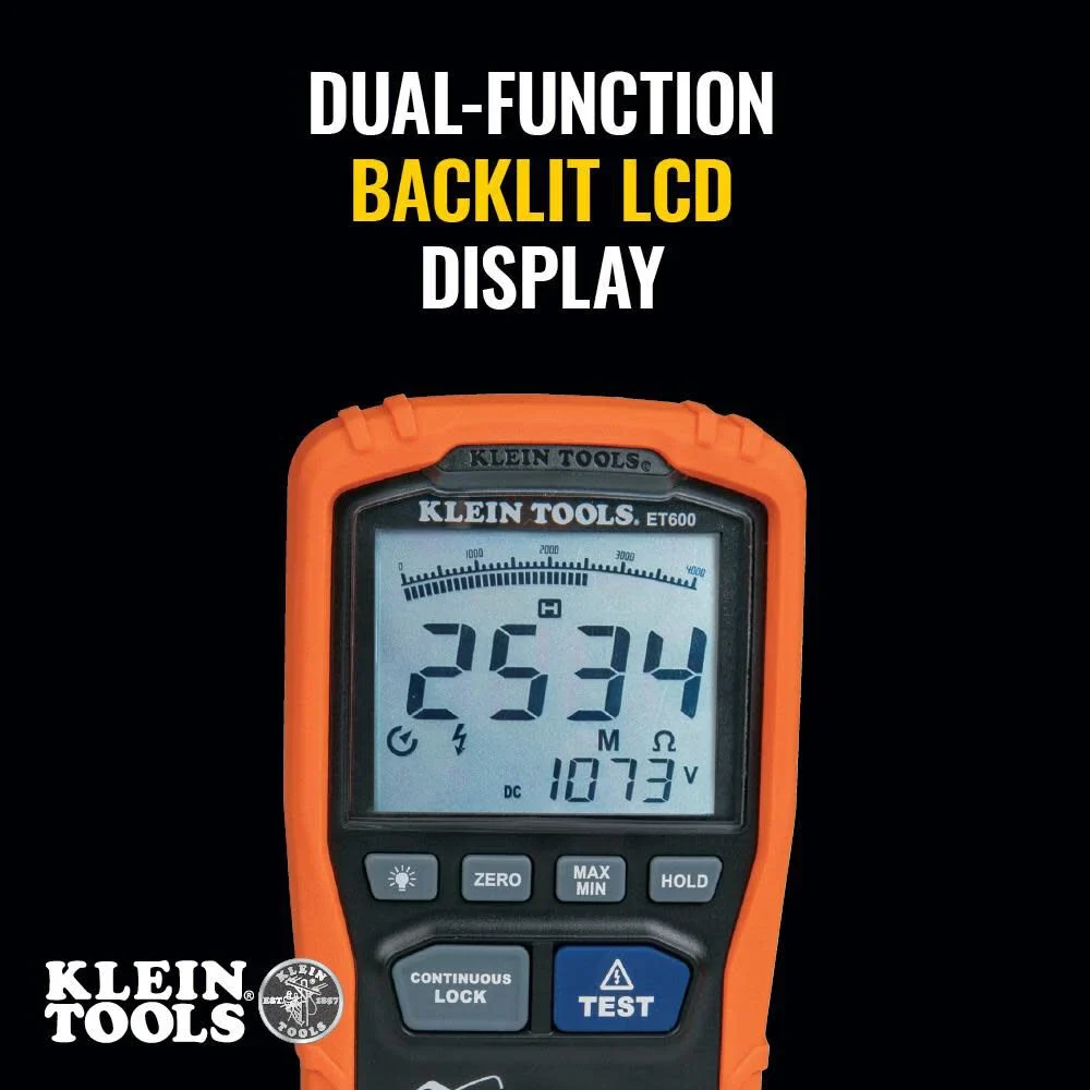 Klein Tools ET600 Multimeter, Megohmmeter Insulation Tester, 4000 Ohms Resistance, 125V/250V/500V/1000V, Auto-Ranging TRMS Multimeter - Image 3