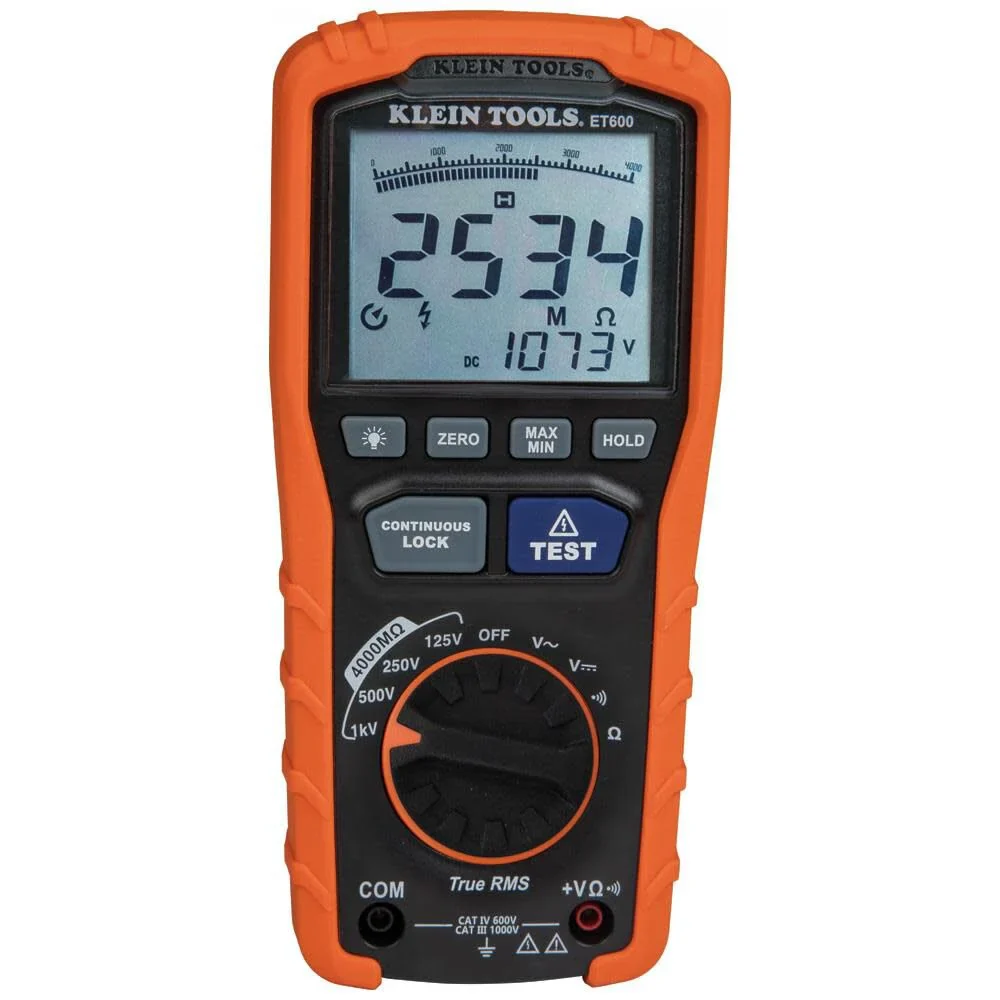 Klein Tools ET600 Multimeter, Megohmmeter Insulation Tester, 4000 Ohms Resistance, 125V/250V/500V/1000V, Auto-Ranging TRMS Multimeter - Image 9