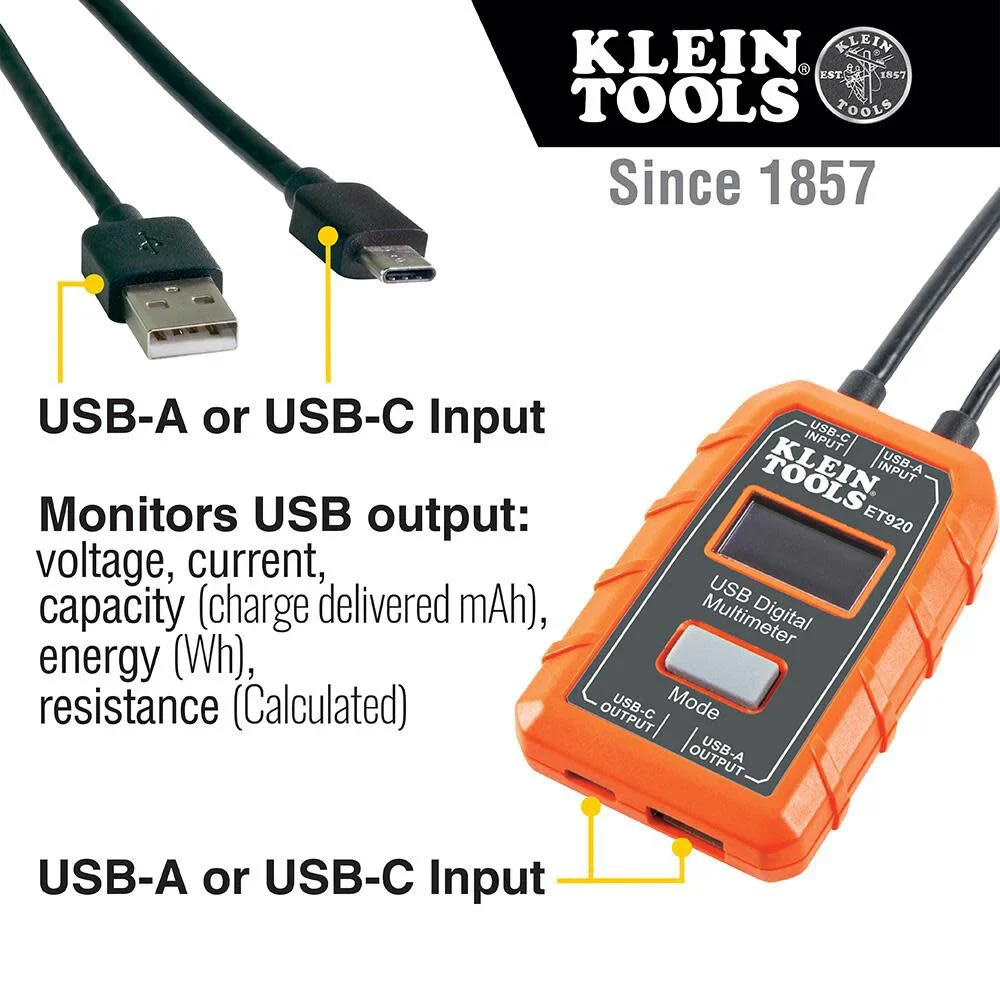 Klein Tools ET920 USB Power Meter, USB-A and USB-C Digital Meter for Voltage, Current, Capacity, Energy and Resistance - Image 2