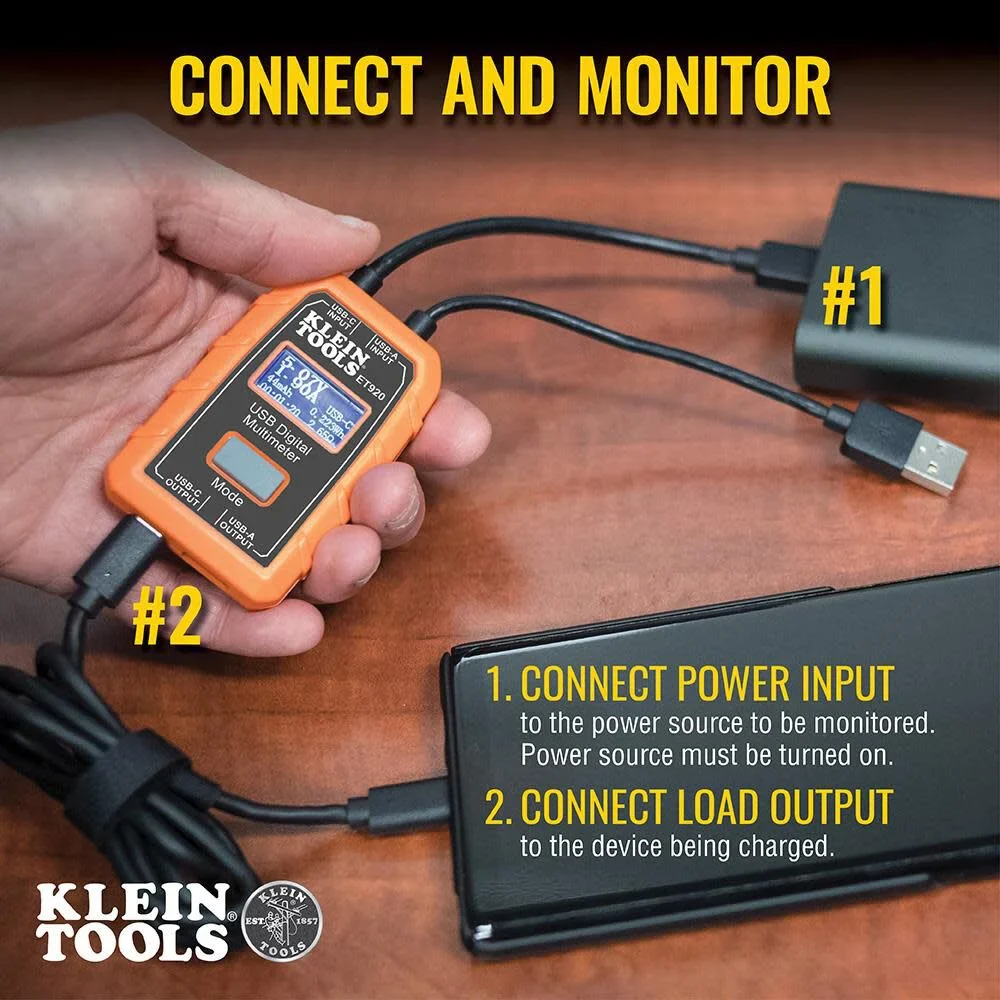 Klein Tools ET920 USB Power Meter, USB-A and USB-C Digital Meter for Voltage, Current, Capacity, Energy and Resistance - Image 3