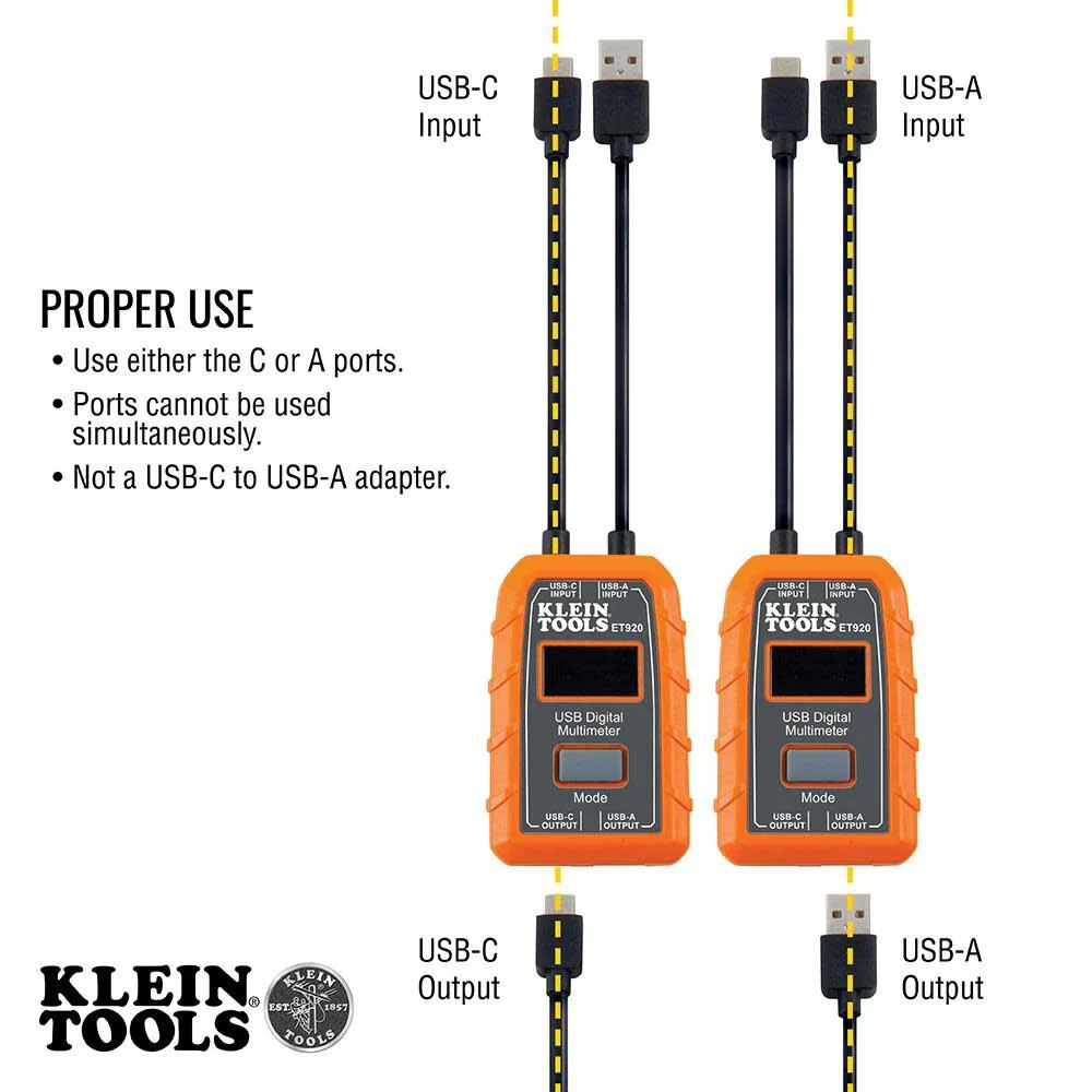 Klein Tools ET920 USB Power Meter, USB-A and USB-C Digital Meter for Voltage, Current, Capacity, Energy and Resistance - Image 4