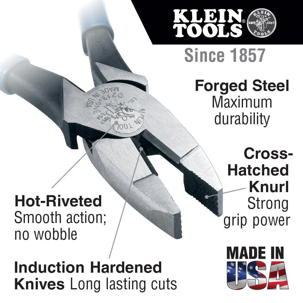 Klein Tools HD2000-9NE Side Cutter Linemans Pliers Cut ACSR, Made in USA, Screws, Nails, Hard Wire, 9-Inch Electrical Pliers - Image 2