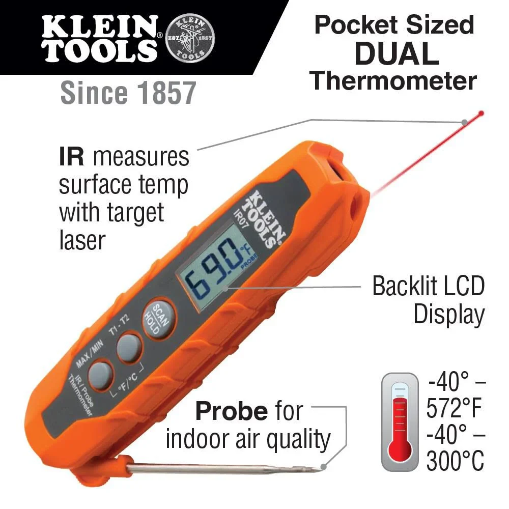Klein Tools IR07 Dual Infrared (IR) and Probe Pocket Size LCD Digital Thermometer - Image 2