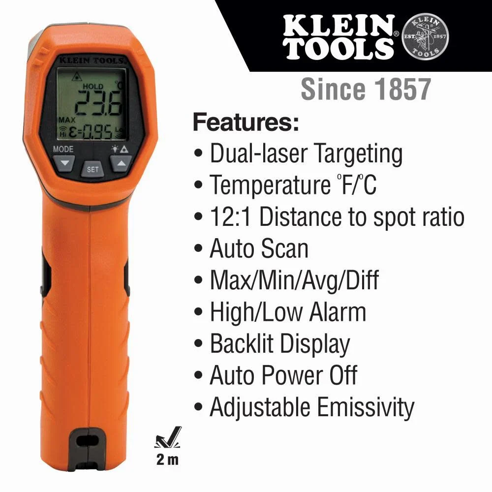 Klein Tools IR5 Dual Laser 12:1 Infrared Thermometer, Digital Thermometer Gun with Backlit Display, Dual Laser Targeting and Auto Scan, Wide Temperature Range - Image 2